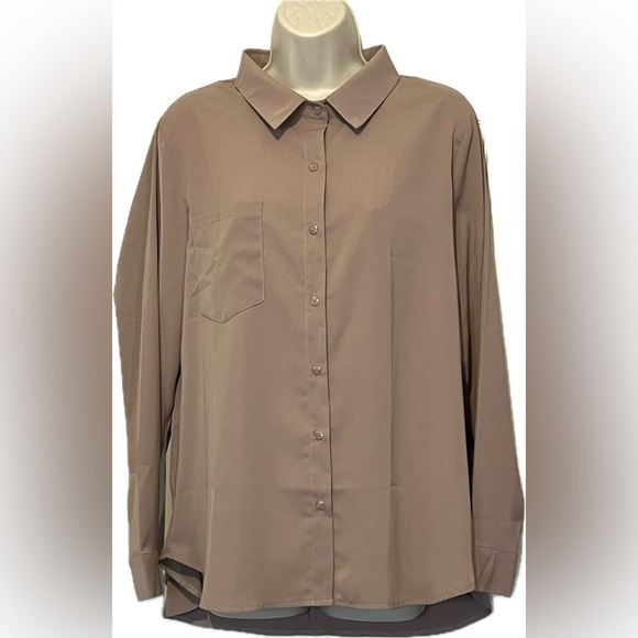 AISEW Button Down Shirt, Long/Sleeve Collared Blouse, Color Khaki, Large - Picture 2 of 8